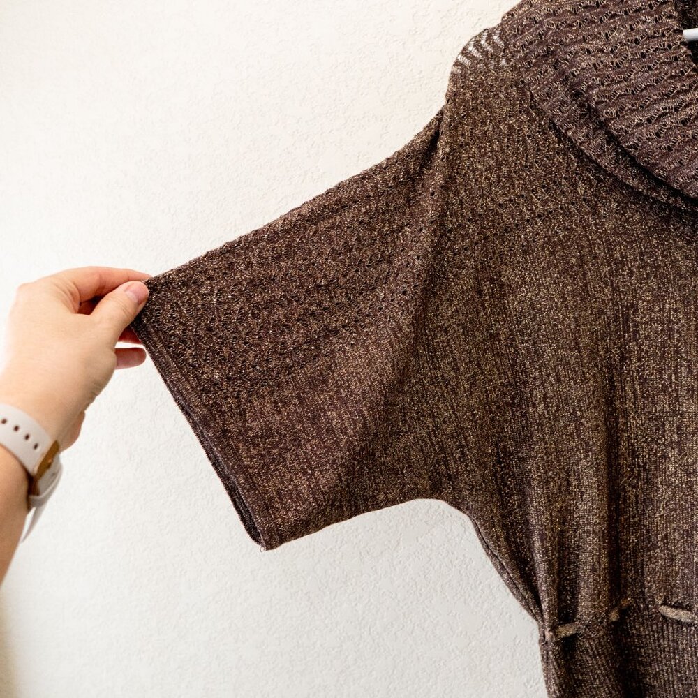 New Directions Large Sparkly Brown Sweater Top Dolman Sleeve Open Knit Metallic - Picture 5 of 9